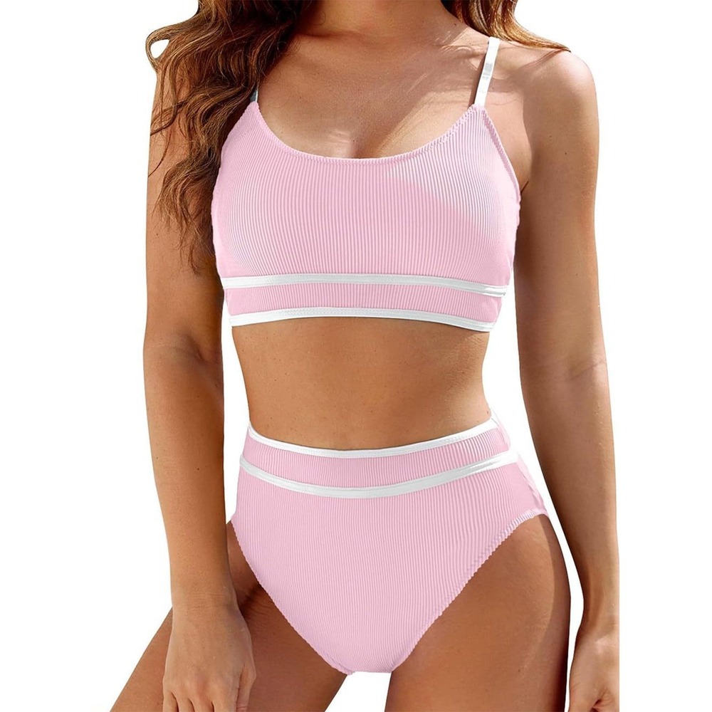 Blooming Jelly Pink Ribbed High Waisted Bikini Set Two Piece Swimsuit Size Small